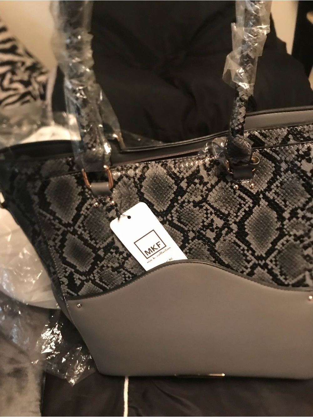 Gray Snake-Print Tote Bag